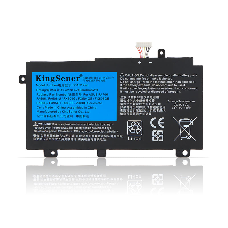 B31N1726 laptop battery for ASUS gaming fx80 fx504 fx505 series, 11.4V 48Wh, front view showing black casing and connector.