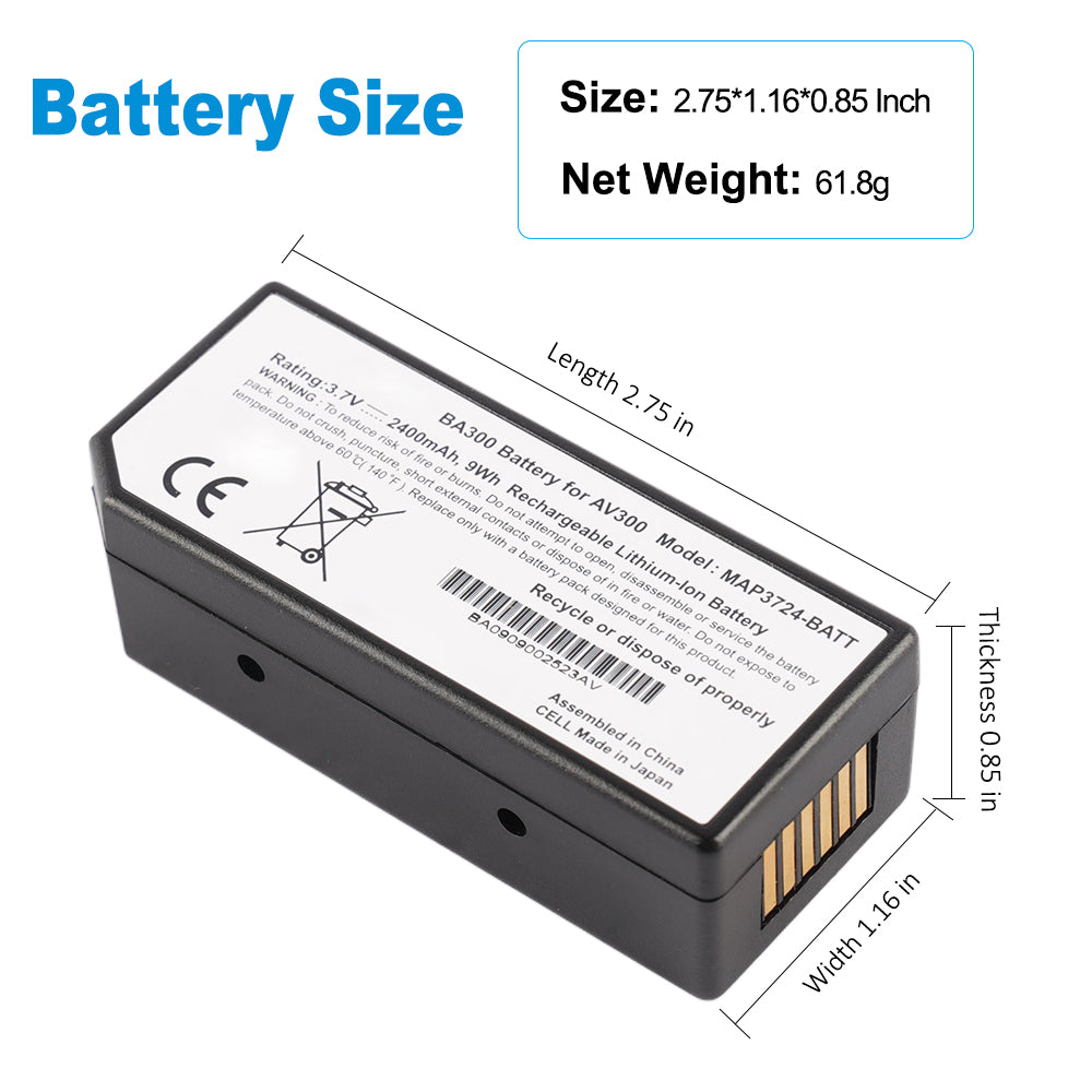 MAP3724-BATT battery size dimensions 2.75 by 1.16 by 0.85 inch net weight 61.8g