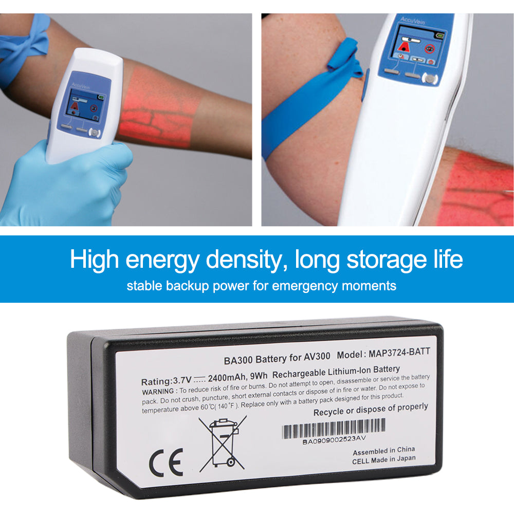 MAP3724-BATT battery for AccuVein AV300 AV400 vein finder with clinical application and label close-up