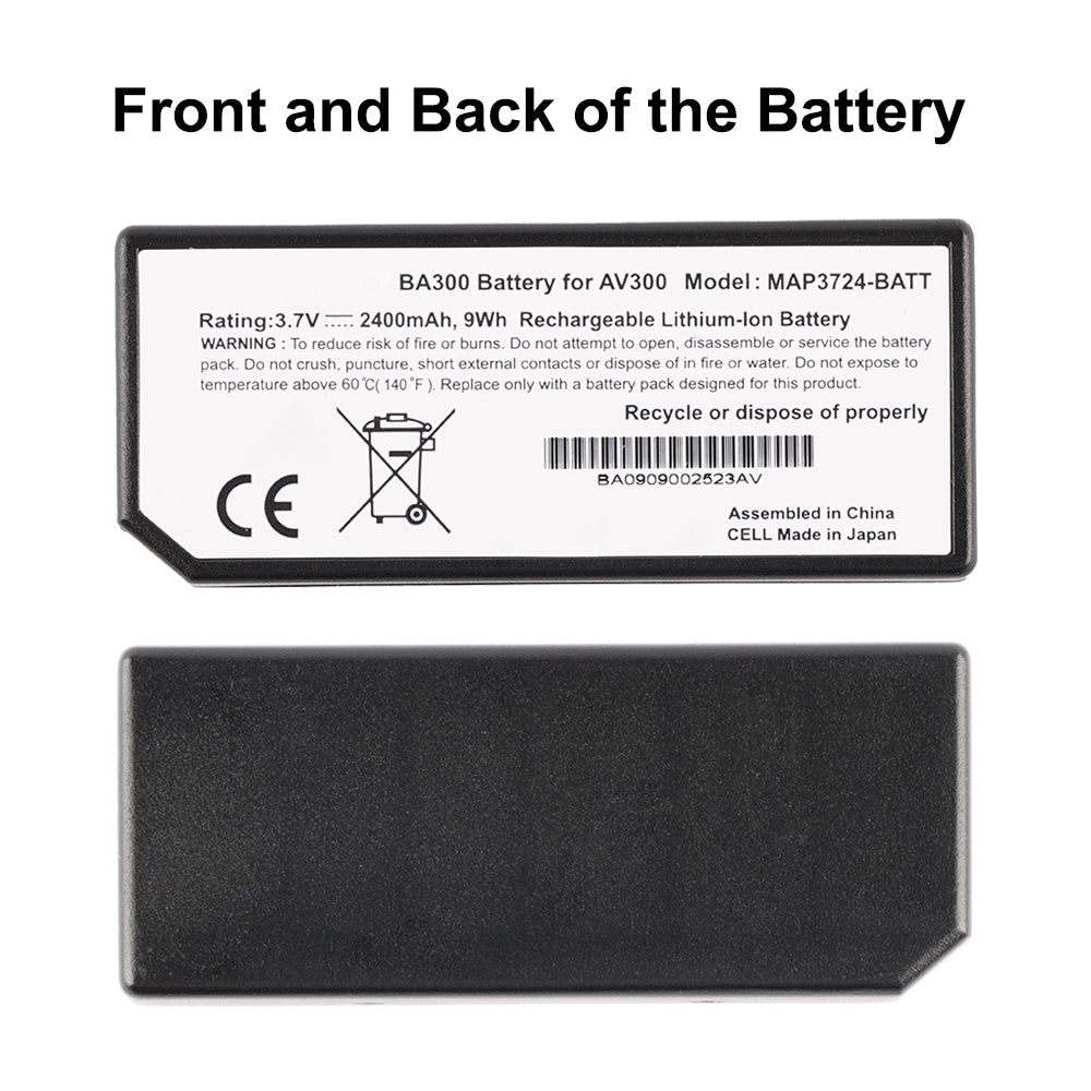Front and back view of MAP3724-BATT battery showing BA300 label and black rear side