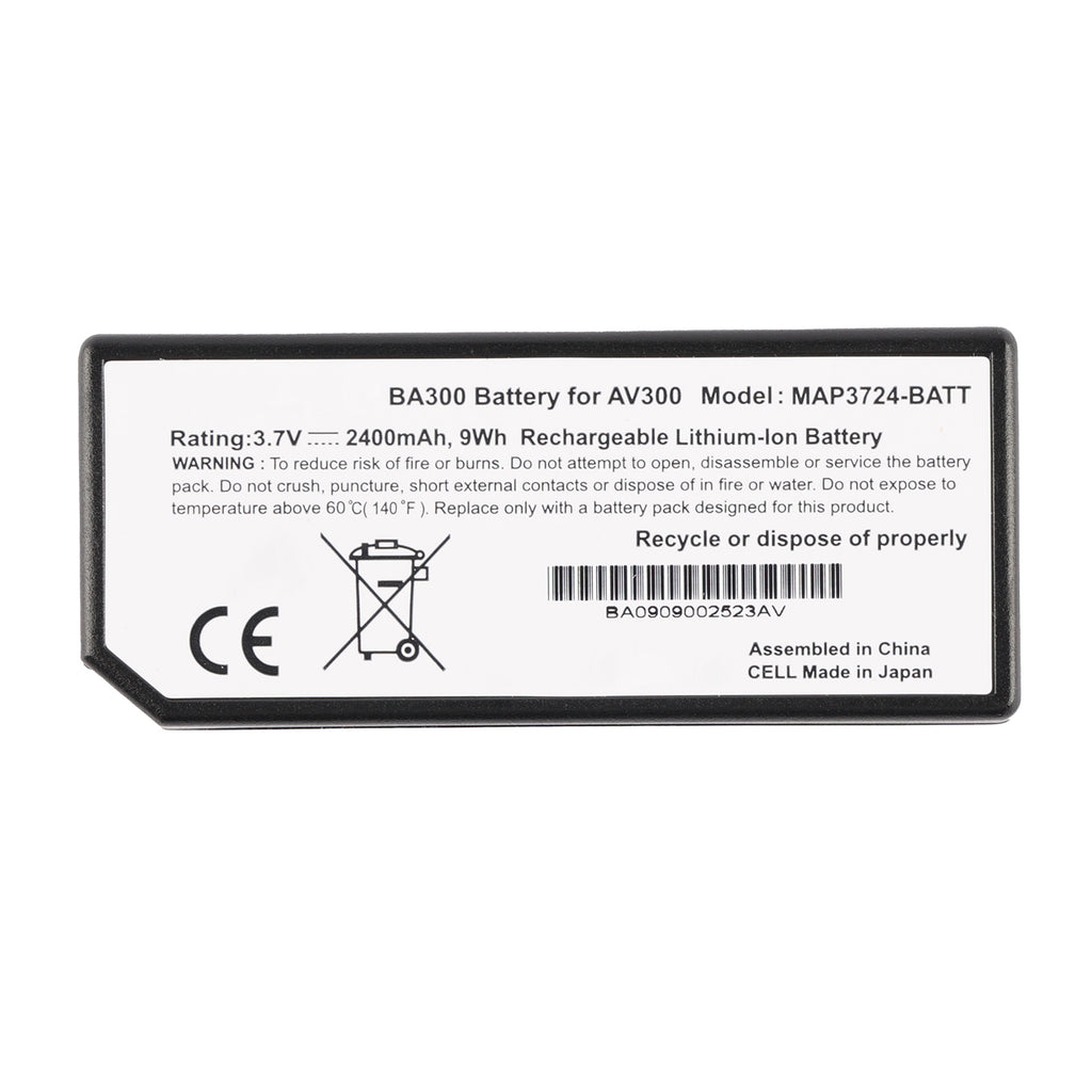 MAP3724-BATT BA300 battery showing 3.7V 2400mAh 9Wh specifications on white background