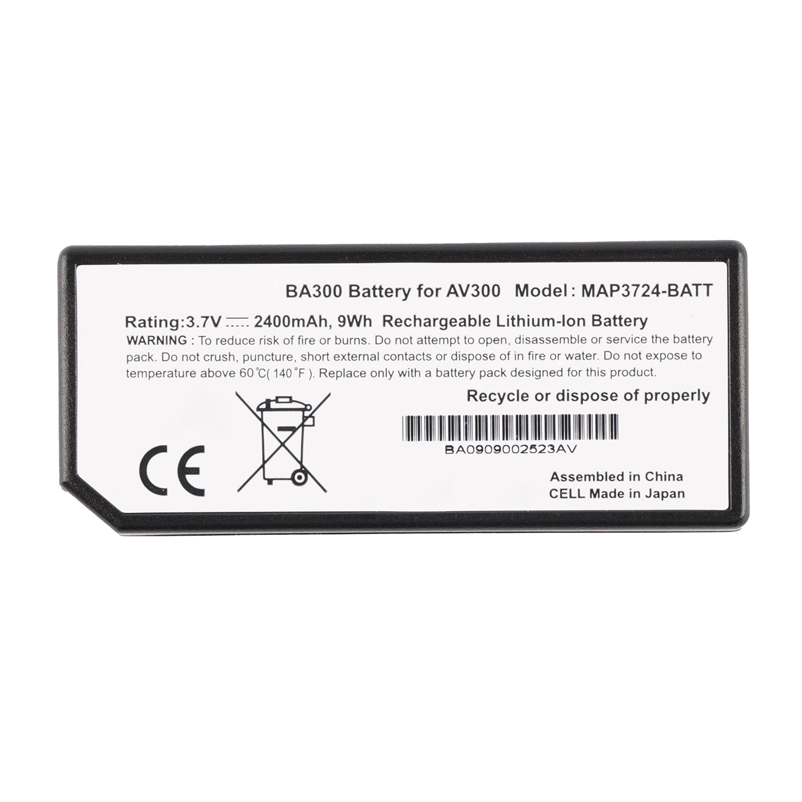 MAP3724-BATT BA300 battery showing 3.7V 2400mAh 9Wh specifications on white background