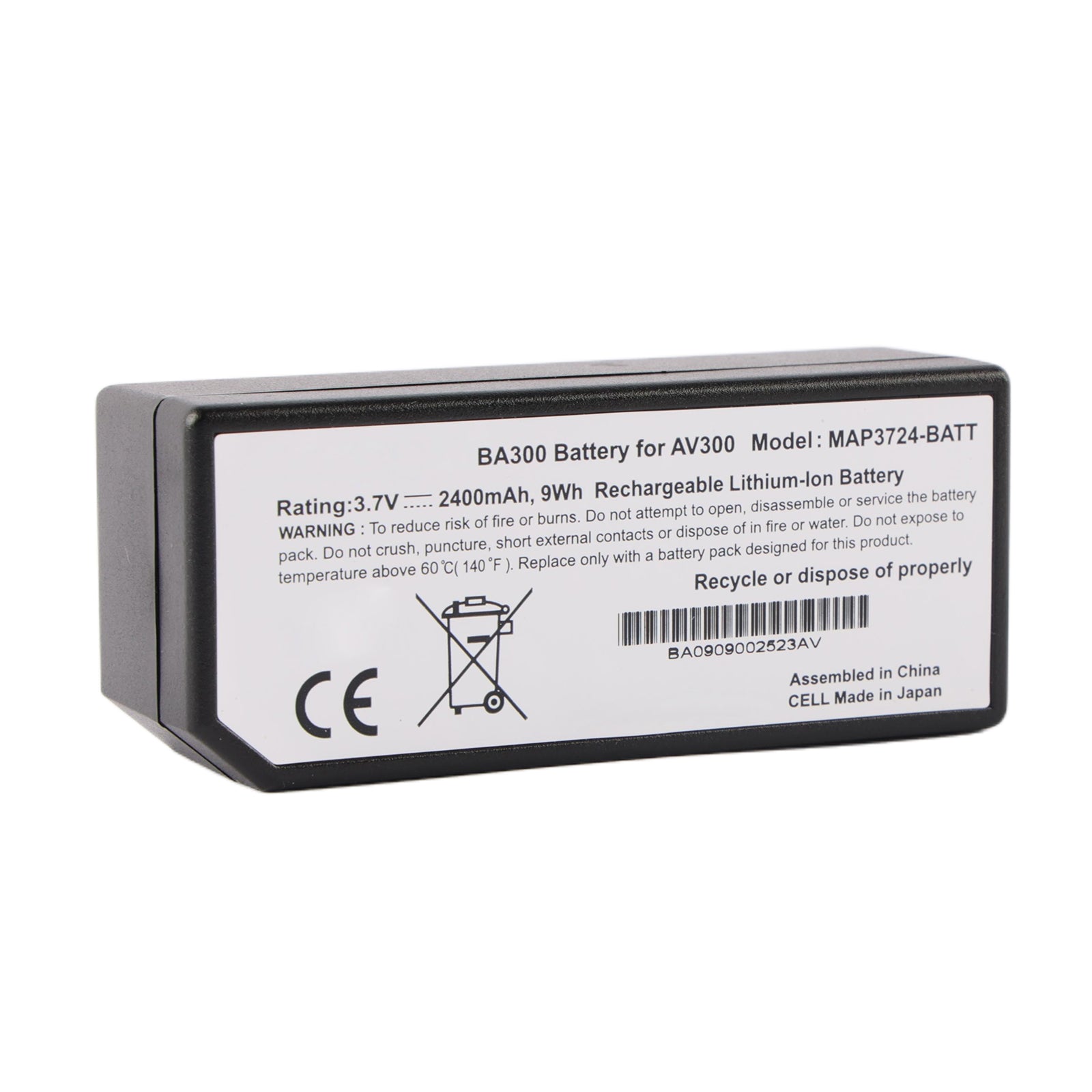 MAP3724-BATT BA300 battery showing 3.7V 2400mAh 9Wh specifications on white background