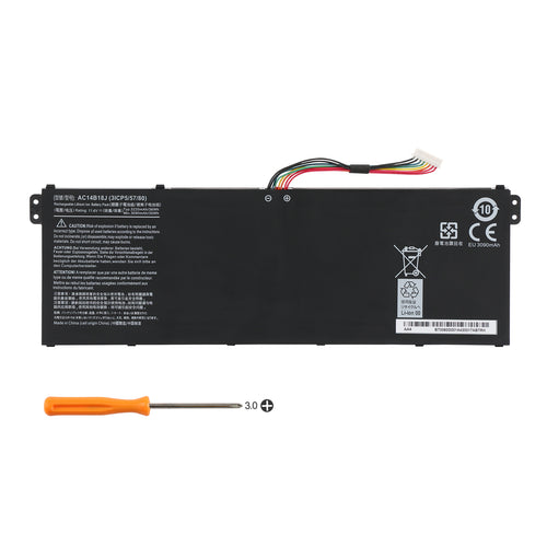AC14B18J 11.4V 36Wh 3220mAh Acer replacement battery white background hero shot with 3.0 Phillips screwdriver, 3ICP5/57/80 made in China for Aspire series