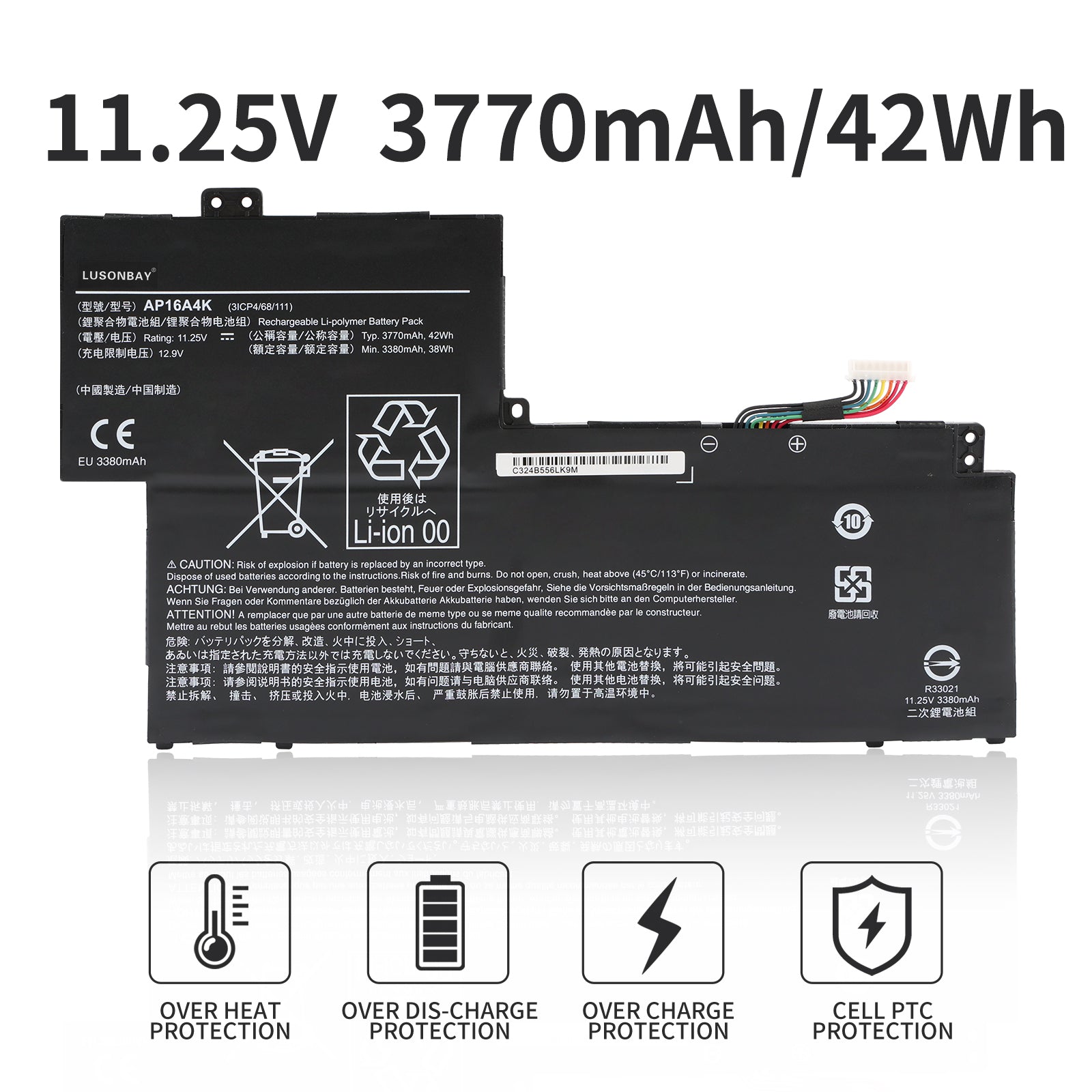AP16A4K Acer battery 11.25V 3770mAh 42Wh with overheat over-discharge overcharge PTC protection icons