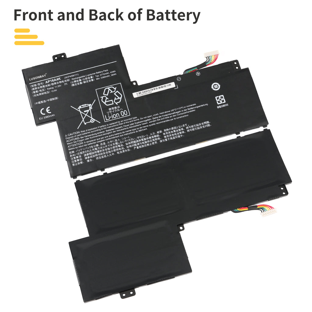 AP16A4K replacement battery front and back dual side view, Li-ion 11.25V 38Wh for Acer Cloudbook and Swift 1