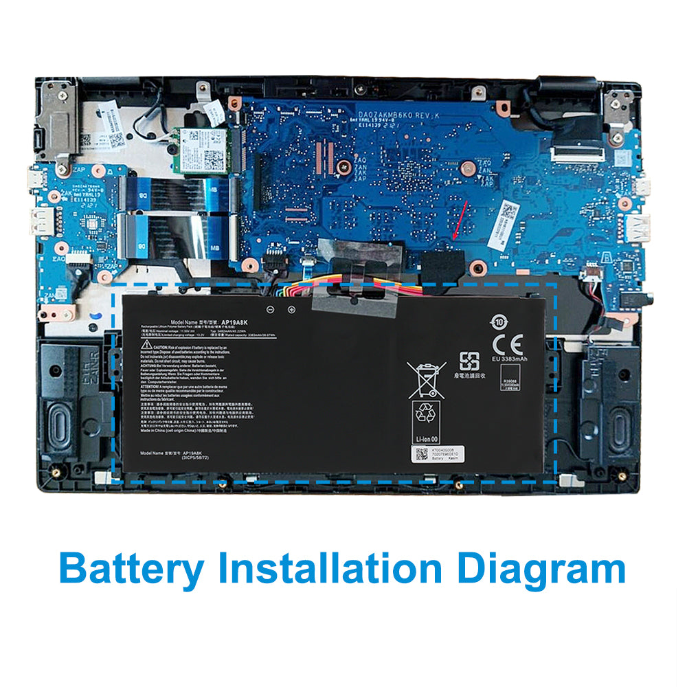 Acer AP19A8K replacement Li-polymer laptop battery 11.55V 3482mAh 40.22Wh installation diagram inside Acer laptop