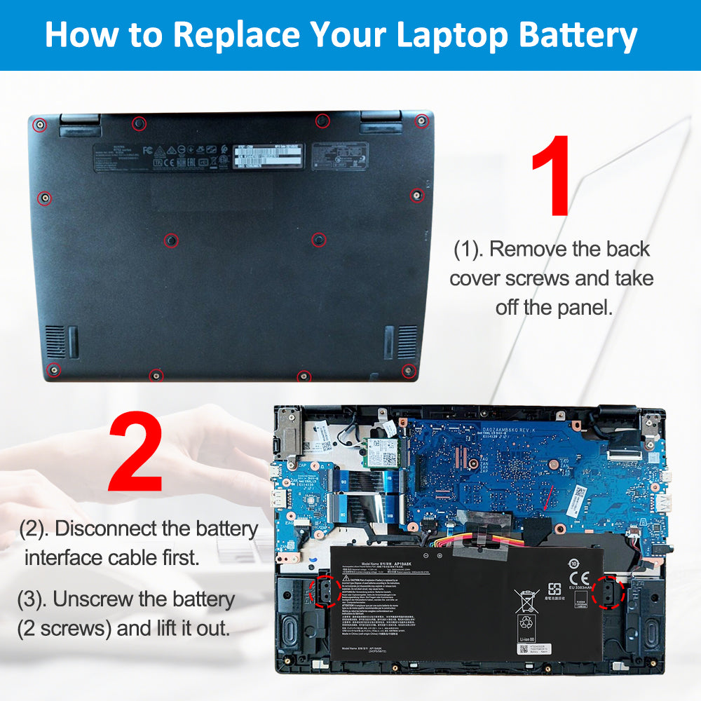 Acer AP19A8K replacement Li-polymer laptop battery 11.55V 3482mAh 40.22Wh DIY 3-step replacement tutorial