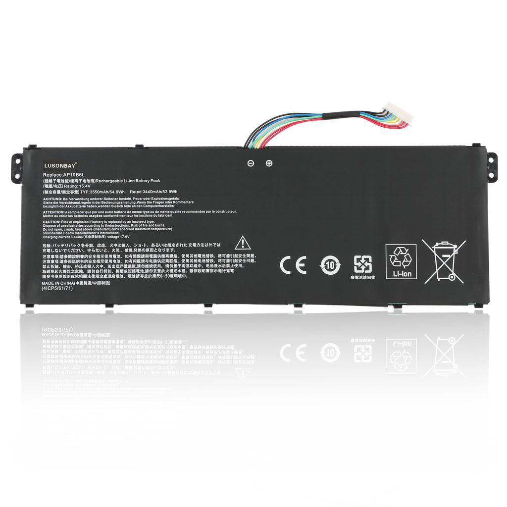 AP19B5L replacement battery for Acer Aspire 5 A515-43 and Swift 3 SF314-42, Li-ion 15.4V 3550mAh 54.6Wh, full view with connector