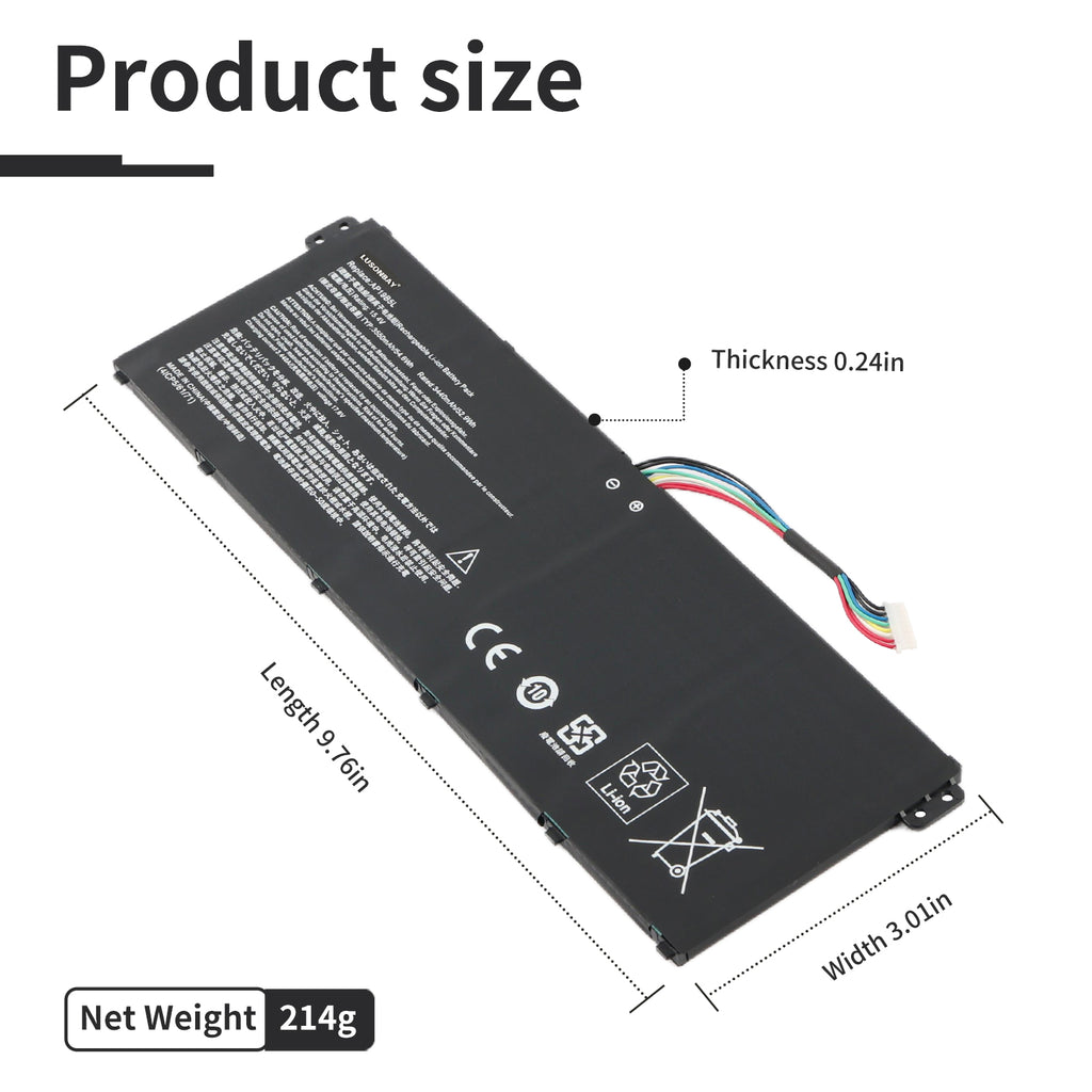 AP19B5L Acer Aspire 5 battery dimensions 9.76 x 3.01 x 0.24 inches, net weight 214g, size diagram