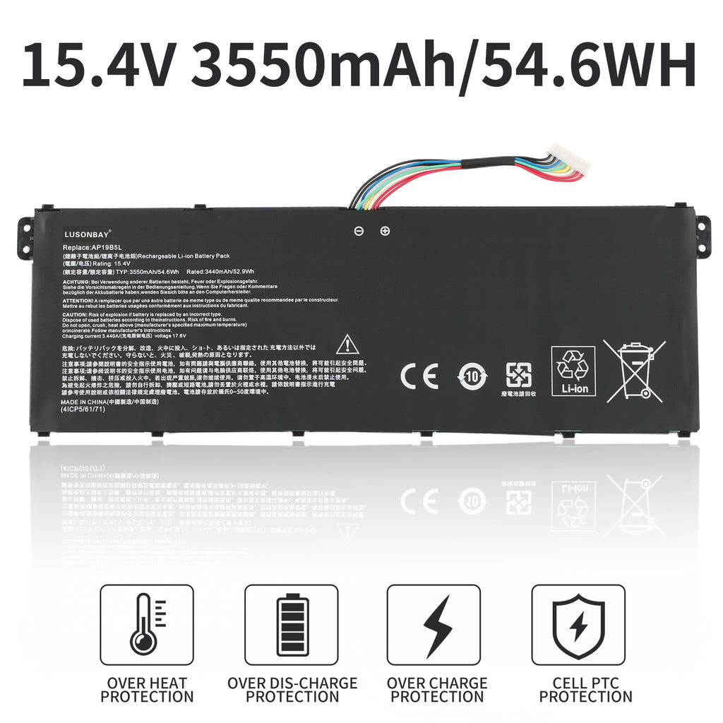 AP19B5L Acer laptop battery specs 15.4V 3550mAh 54.6Wh with overheat overcharge PTC protection icons