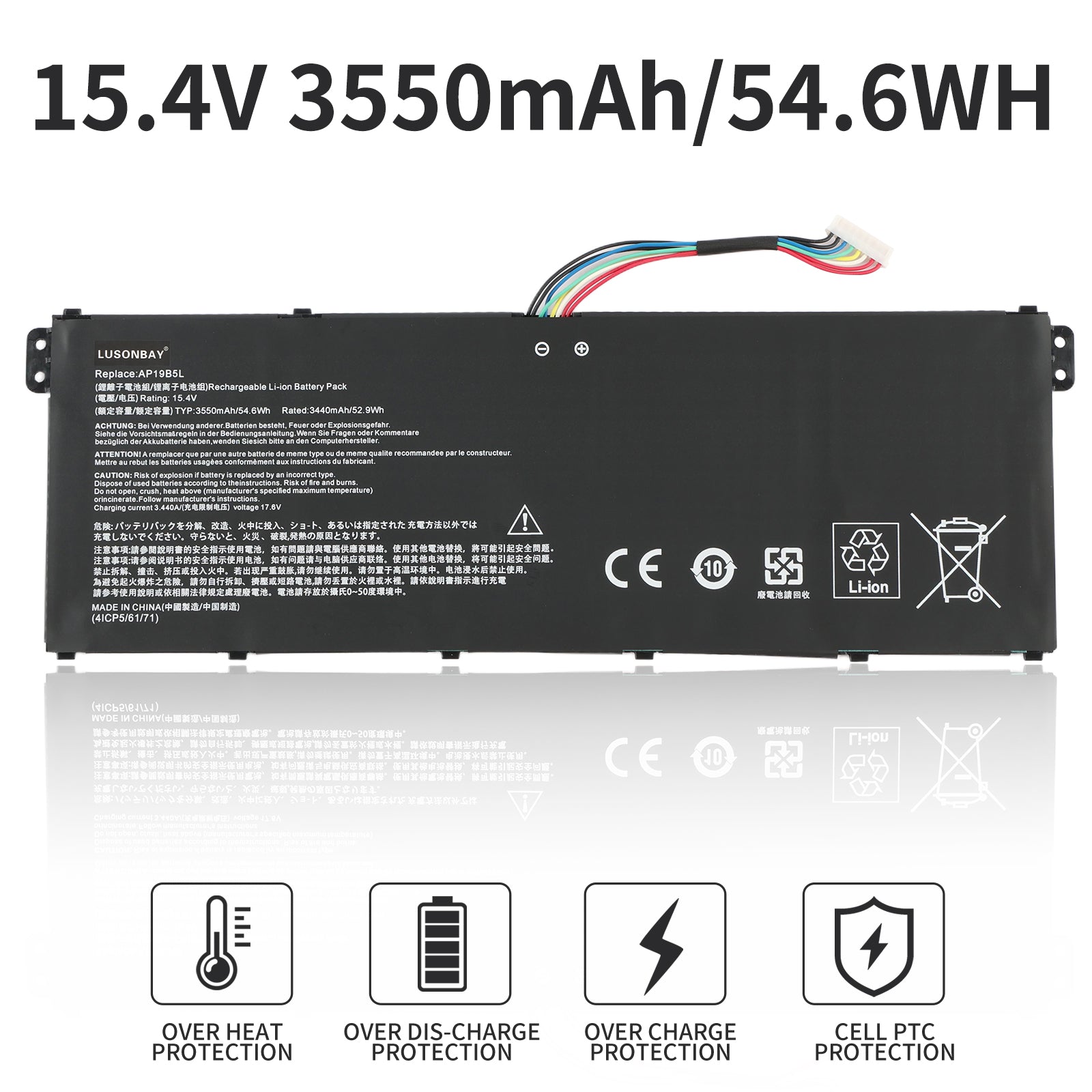 AP19B5L Acer laptop battery specs 15.4V 3550mAh 54.6Wh with overheat overcharge PTC protection icons