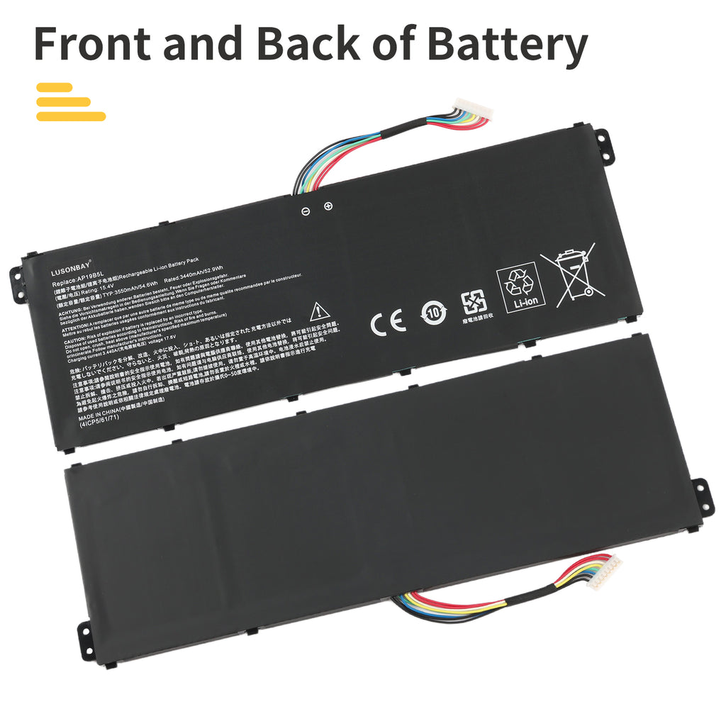 AP19B5L replacement battery front and back dual side view, Li-ion 15.4V for Acer Aspire 5 and Swift 3