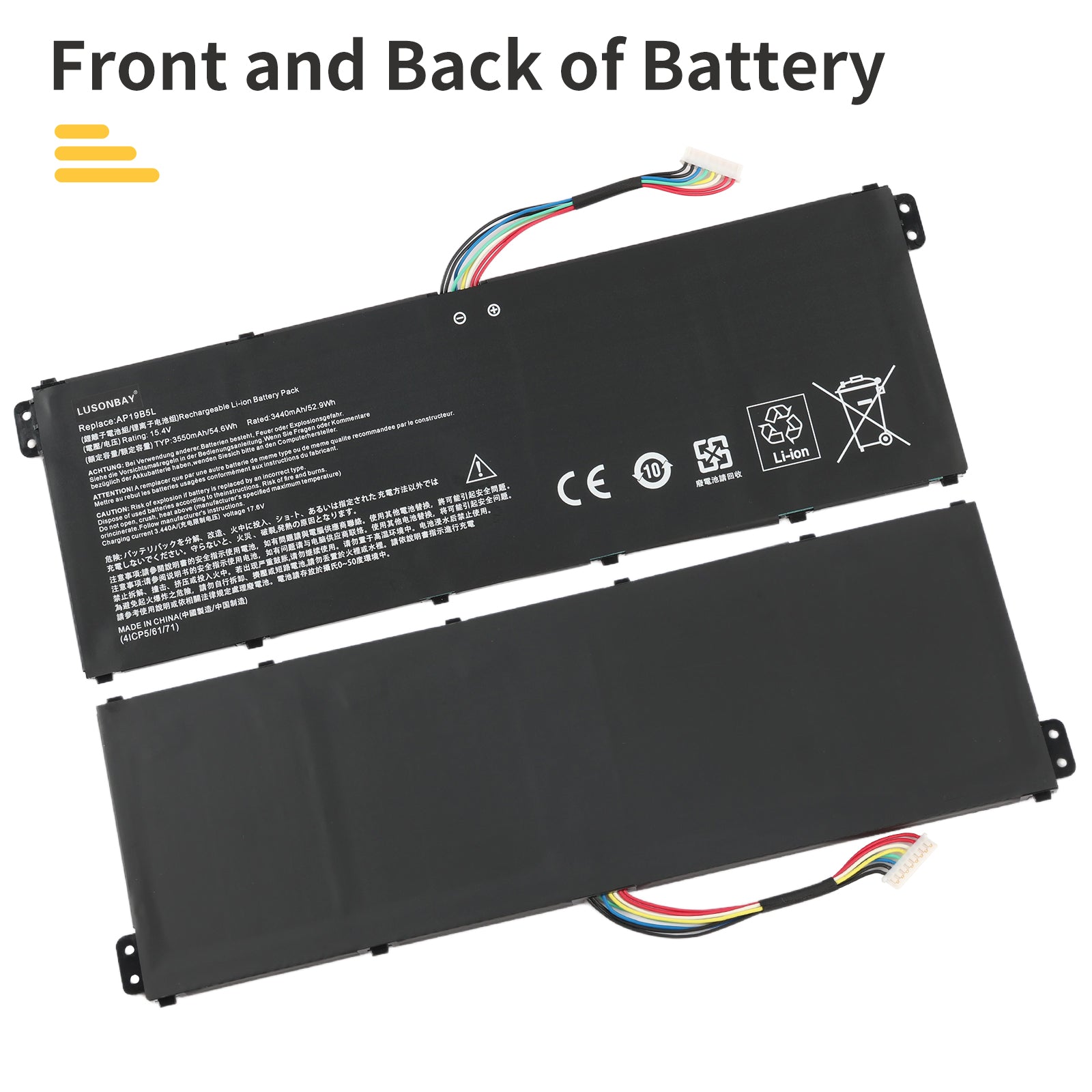 AP19B5L replacement battery front and back dual side view, Li-ion 15.4V for Acer Aspire 5 and Swift 3