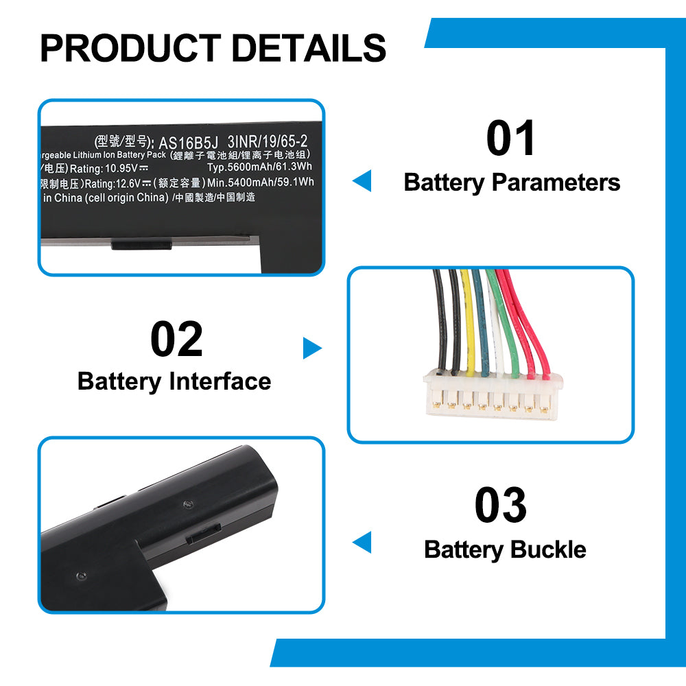 AS16B5J Acer battery parameters label 7-pin wire connector and buckle lock detail