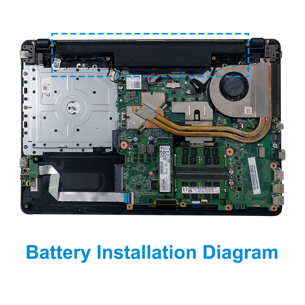 AS16B5J internal battery installation position inside Acer laptop chassis with dashboard marked