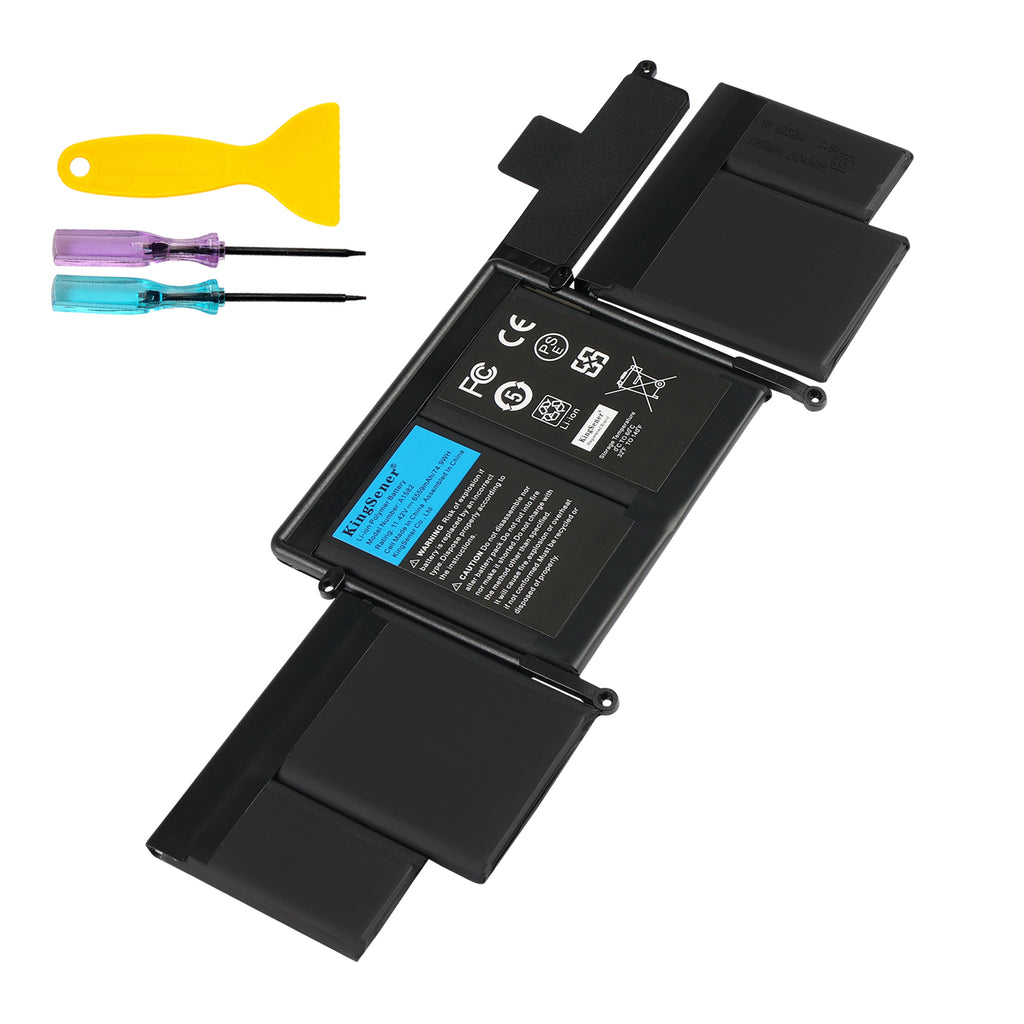 A1582 battery for MacBook Pro 13 Retina A1502 Early 2015, 11.42V 6559mAh 74.9Wh Li-polymer, angled view with repair tools kit
