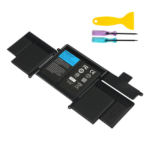 A1582 replacement battery 11.42V 74.9Wh for Apple MacBook Pro 13 A1502 Early 2015, diagonal view with pry tool and screwdrivers