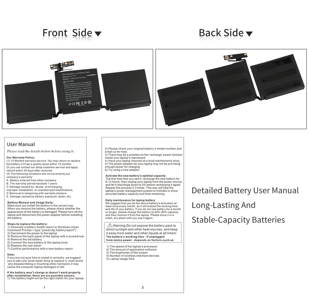 LUSONBAY A1713 Battery For Apple MacBook Pro 13.3 inch Retina MLL42LL/A* - Front and back of the battery