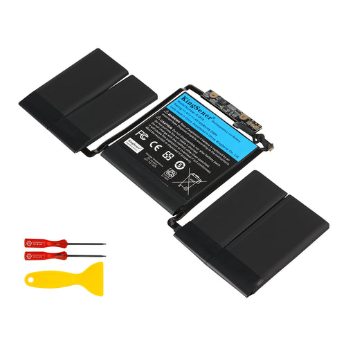 A1819 replacement battery 11.41V 49.2Wh for Apple MacBook Pro 13 A1706 MLH12LL/A MPXV2LL/A, diagonal view with pry tool and screwdrivers