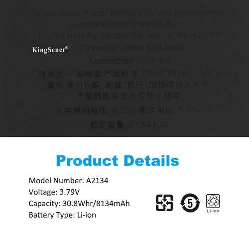 A2134 Replacement Battery For Apple Air 3 A2123 A2152 A2153 A2154 8134mAh