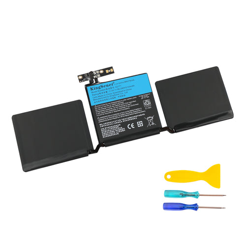 A2171 Apple MacBook Pro 13 battery angled label view, Li-ion 11.4V 5103mAh 58.2Wh, full body display with tools kit
