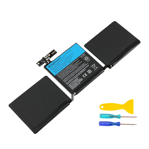 A2171 replacement battery for Apple MacBook Pro 13, Li-ion 11.4V 5103mAh 58.2Wh, angled right view with installation tools
