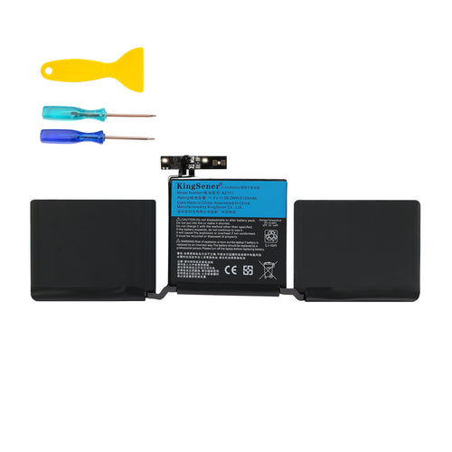 A2171 replacement battery for Apple MacBook Pro 13, 11.4V 58.2Wh Li-ion, label front view with installation screwdrivers
