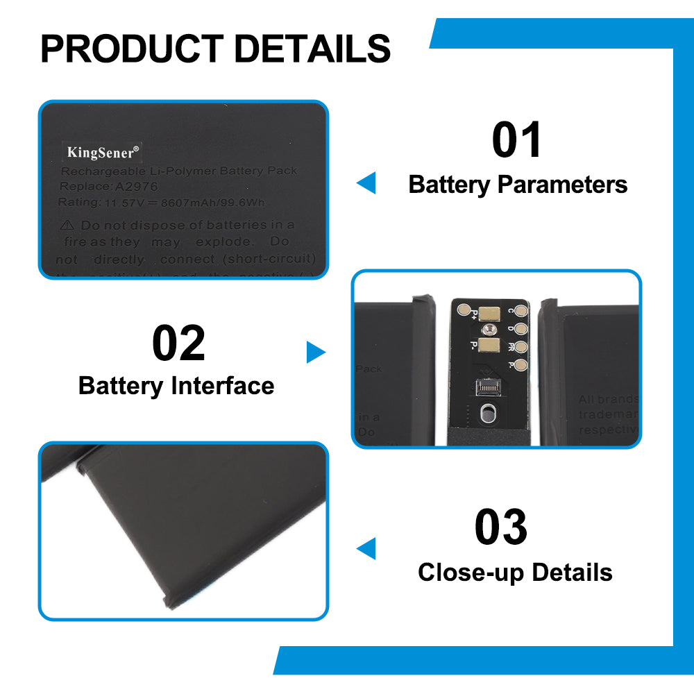 A2976 battery product details showing battery parameters, interface, and close-up details