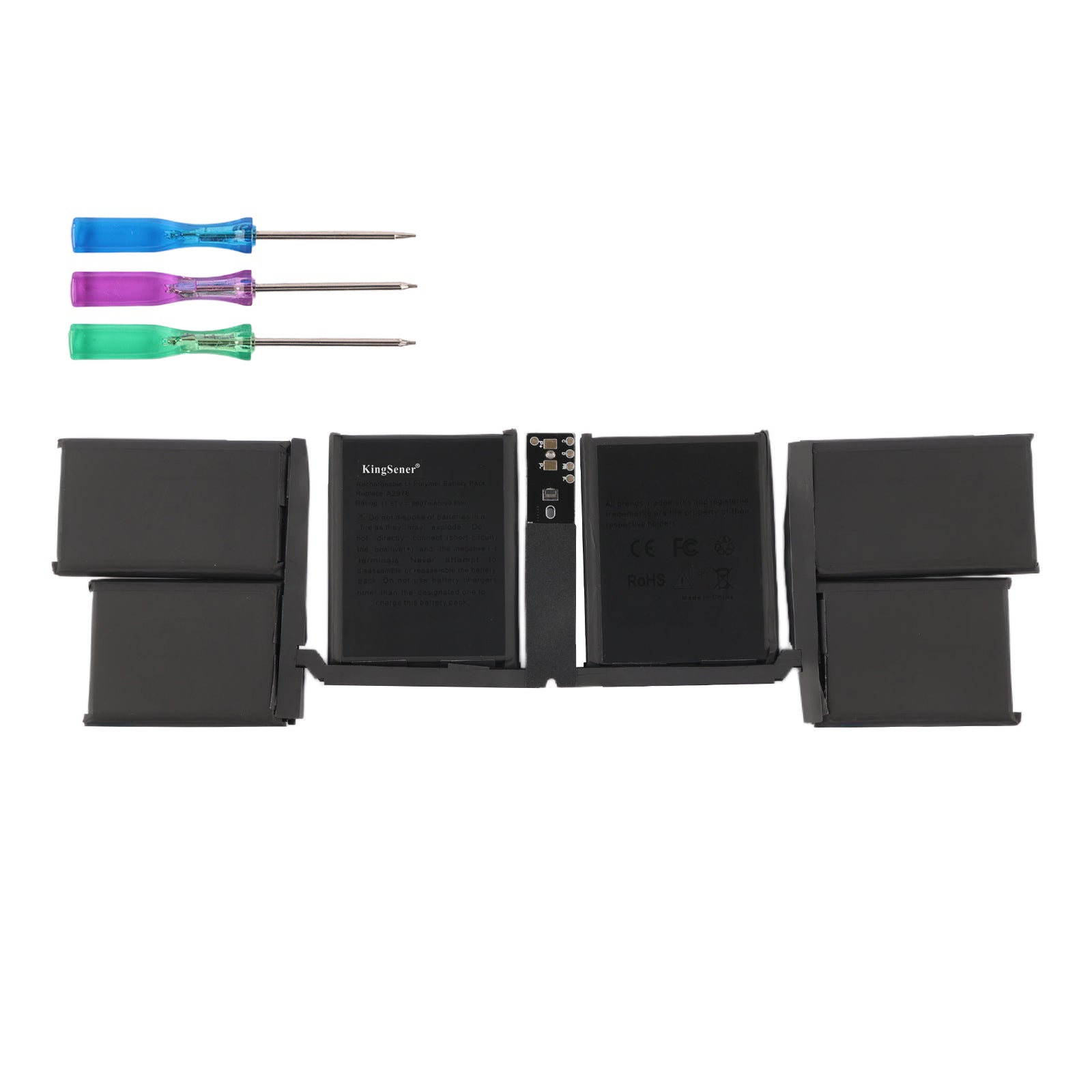 A2976 battery pack with three screwdrivers on white background