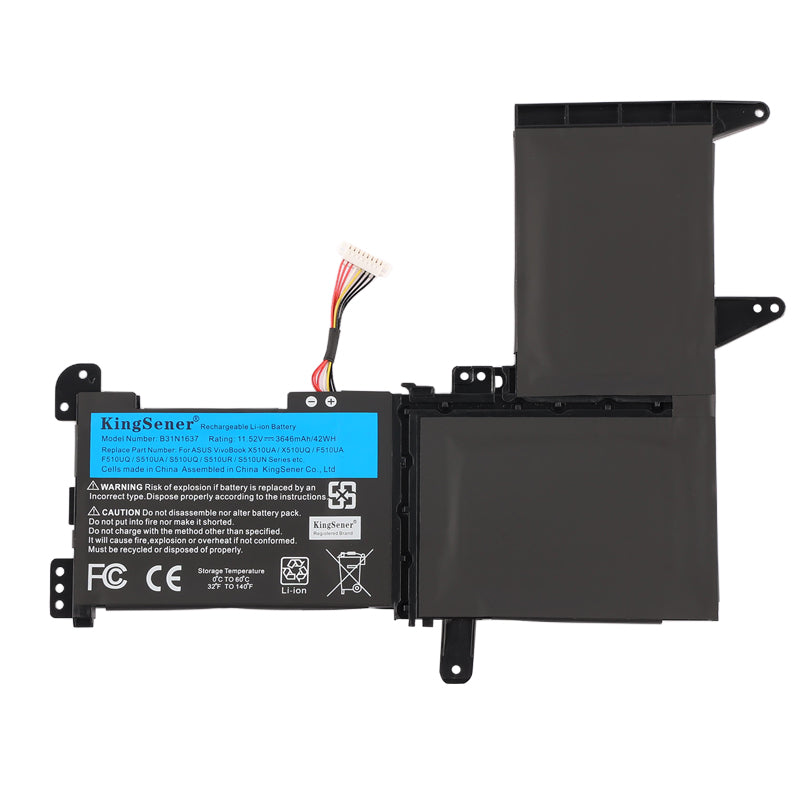 B31N1637 laptop battery for ASUS VivoBook S15 S510 series, 11.52V 42Wh, L-shaped black pack with multi-wire connector.