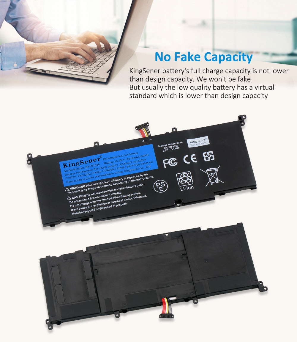 B41N1526 Laptop Battery for ASUS ROG Strix GL502, 15.2V 64Wh, side profile showing slim lithium-ion design.
