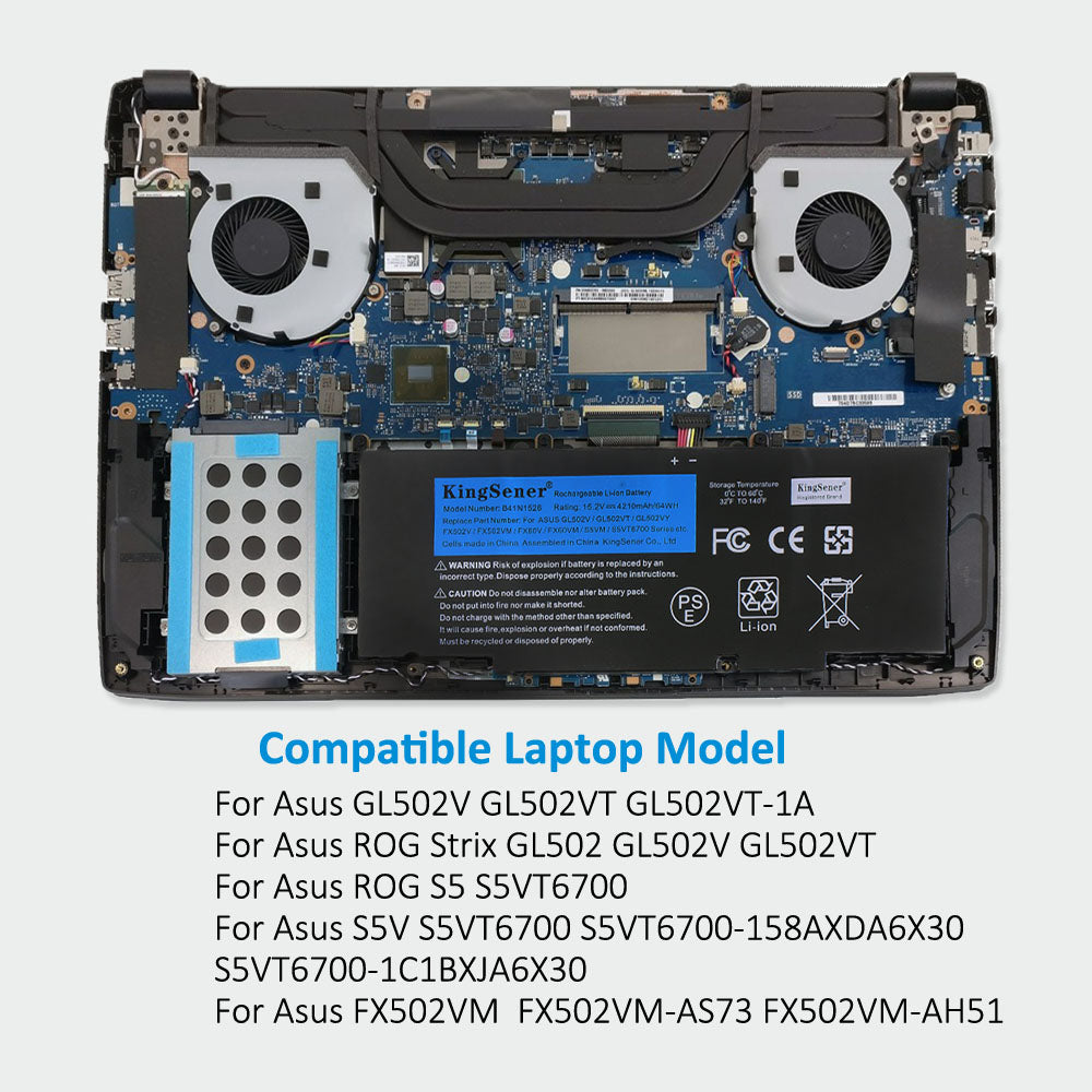 B41N1526 Laptop Battery for ASUS ROG Strix GL502, 15.2V 64Wh, front view with multi-pin wire connector.