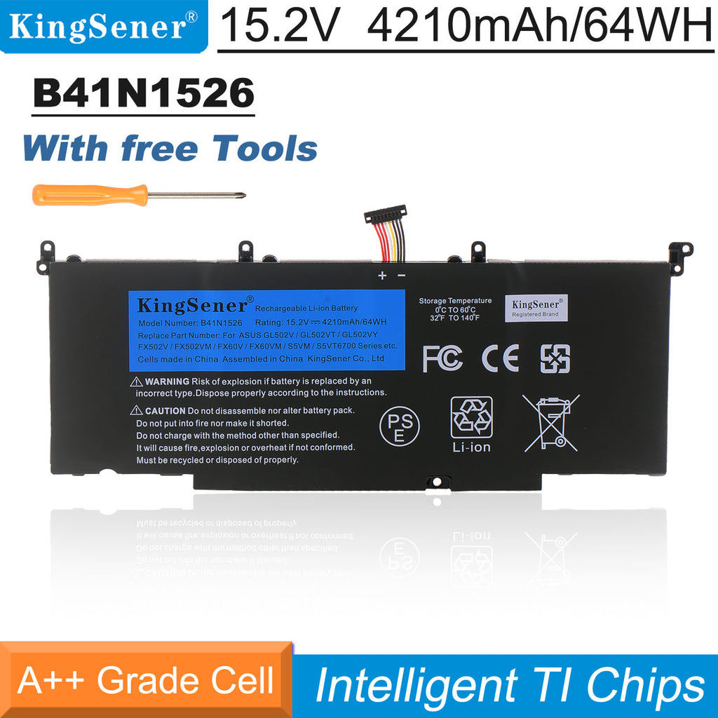 B41N1526 Laptop Battery for ASUS ROG Strix GL502, 15.2V 64Wh, advertisement view with screwdriver tools.