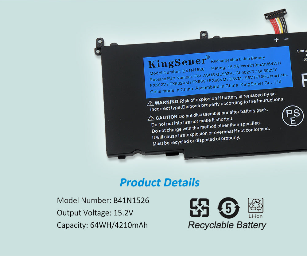 B41N1526 Laptop Battery for ASUS ROG Strix GL502, 15.2V 64Wh, detailed blue label with technical specs.