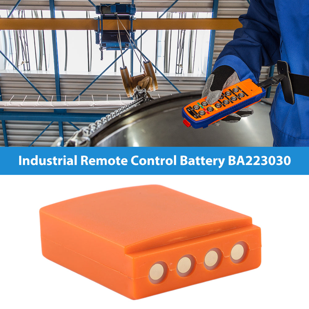 BA223030 industrial remote control battery for pump truck crane operation, orange Ni-MH battery with four gold-plated contact pins front view