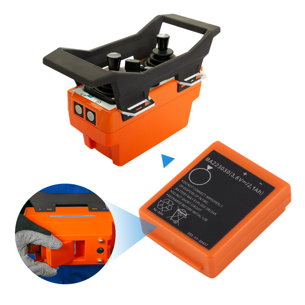 BA223030 battery installation into industrial radio remote controller, showing battery compartment slot and joystick controller replacement process
