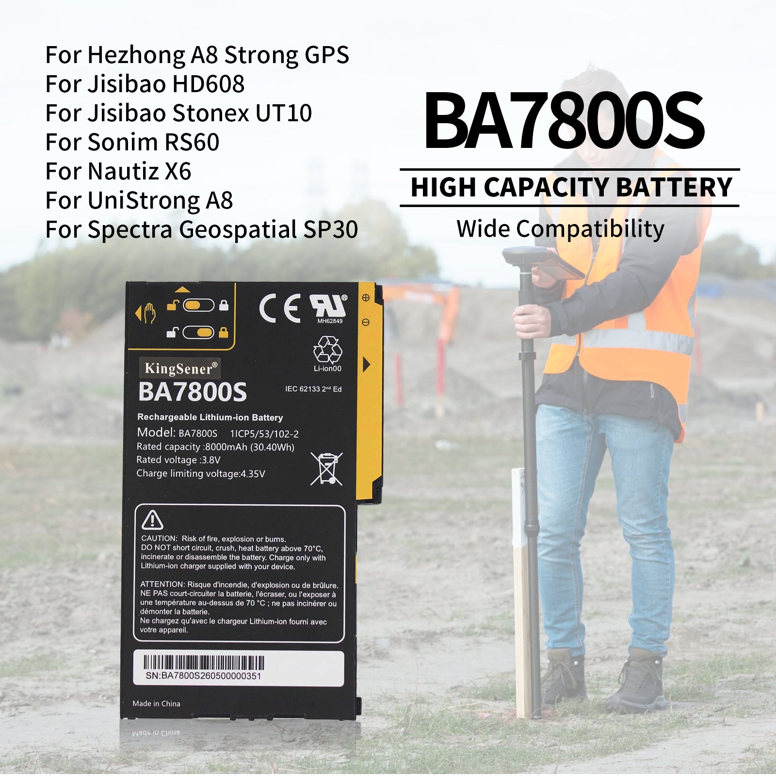 BA7800S high capacity battery for Hezhong A8, Jisibao HD608, Stonex UT10, Sonim RS60, Nautiz X6, UniStrong A8, Spectra SP30