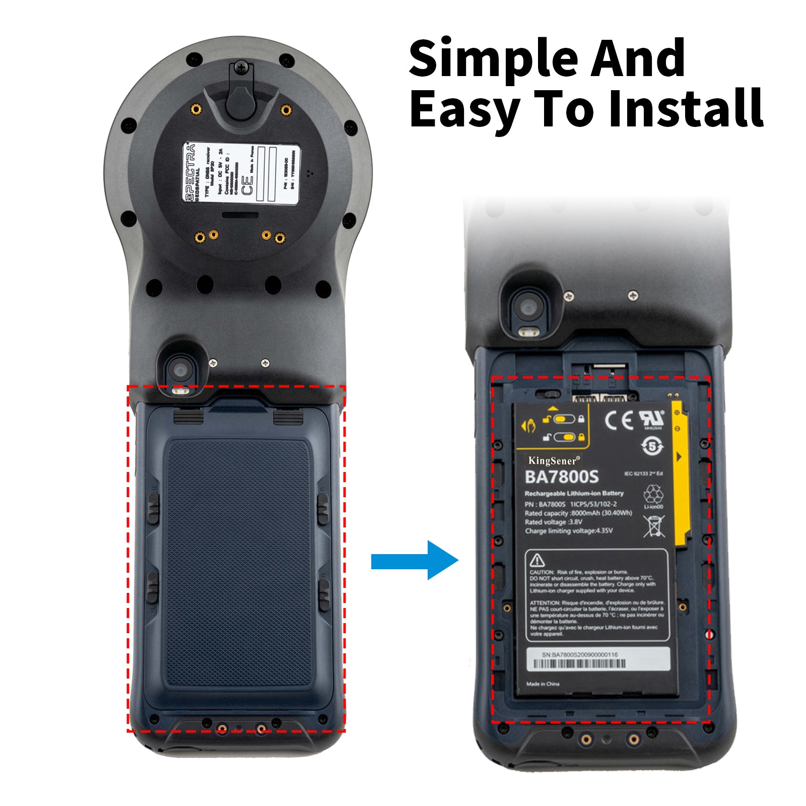 BA7800S battery installation in Spectra geospatial device, simple swap replacement process shown step by step