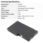 BA7800S technical specifications: 3.8V 8000mAh 30.40Wh, dimensions 106.5x63.5x10.4mm, weight 139g