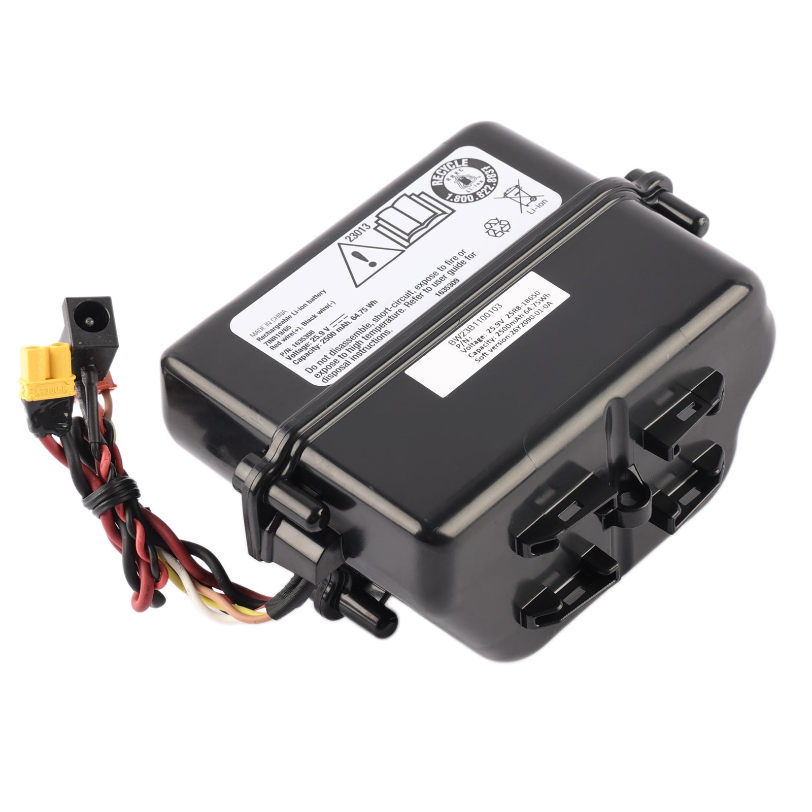 1635308 battery front view showing 25.9V 2500mAh 64.75Wh specifications on white background
