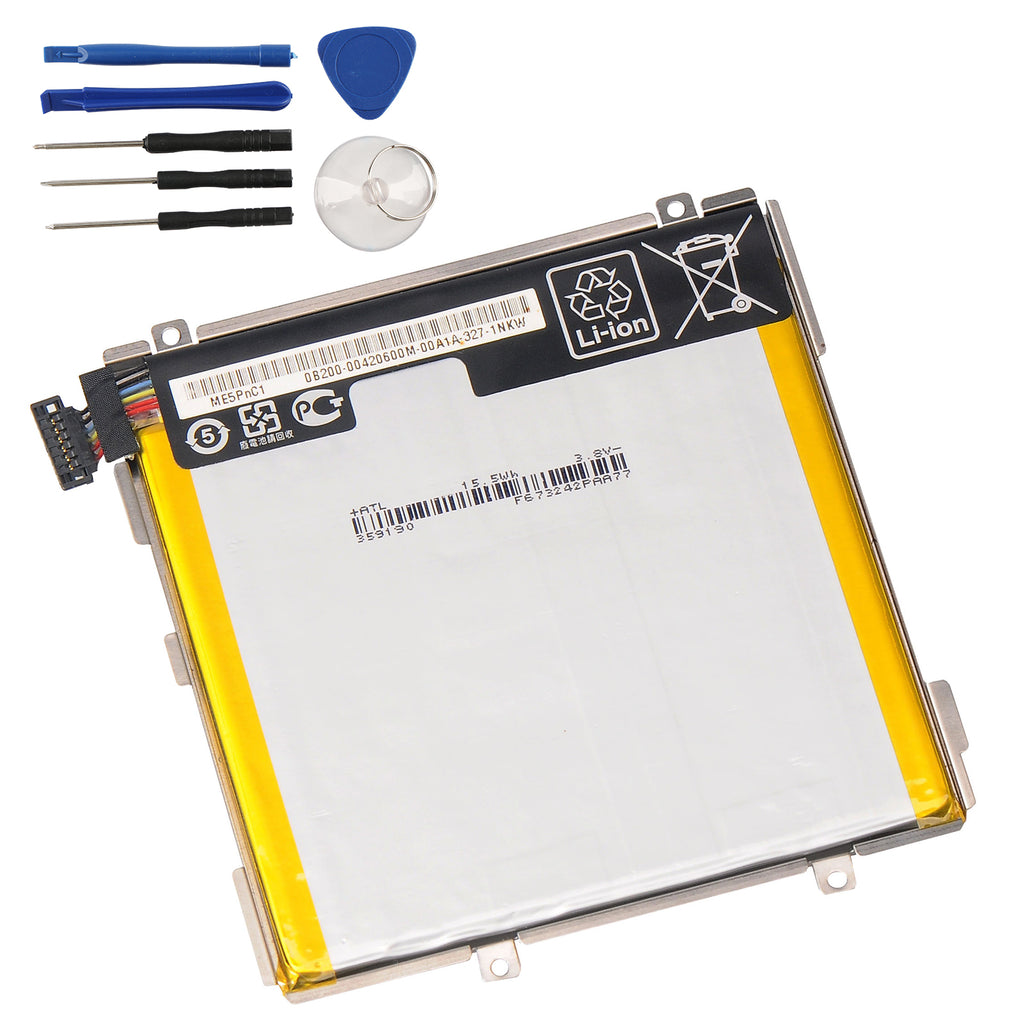 C11P1303 Battery for ASUS Google Nexus 7 II 2013, 3.8V 15Wh, silver-white unit with yellow tape and repair tools.