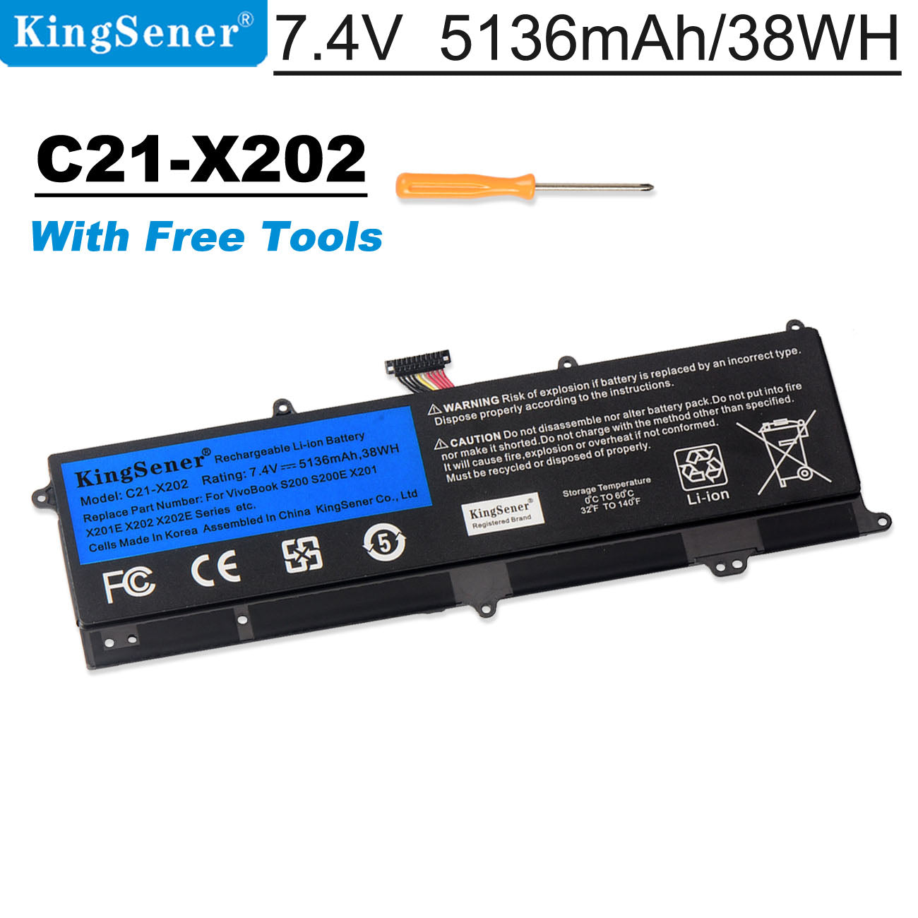 C21-X202 Replacement Laptop Battery for ASUS VivoBook X202E S200E, 7.4V 38WH, long flat black battery with tools.