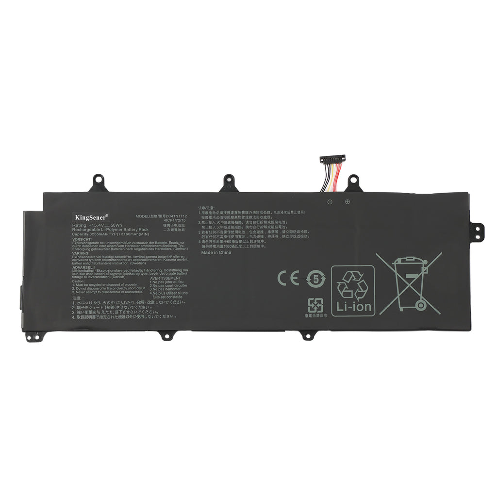 C41N1712 gaming laptop battery for ASUS Zephyrus GX501 series, 15.4V 50Wh, black slim battery pack with connector port.