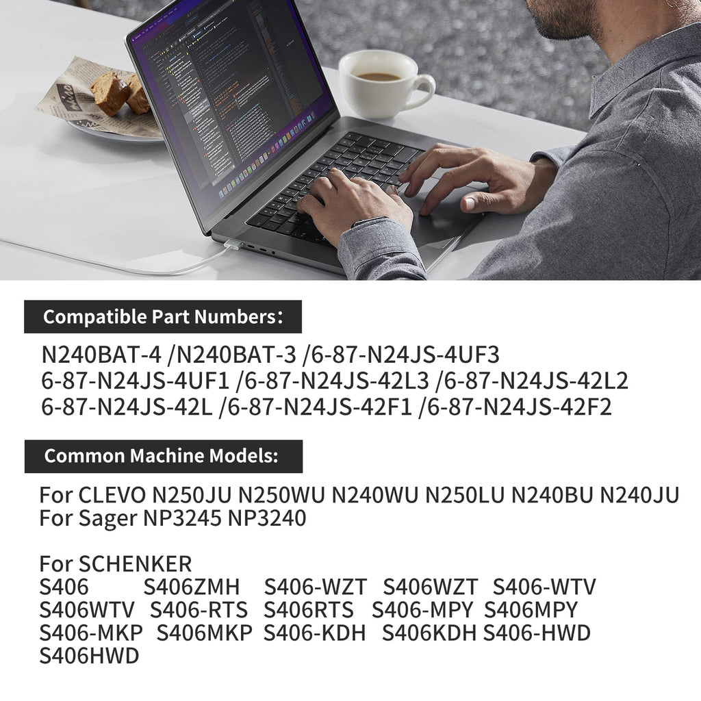 N240BAT-4 compatible part numbers for CLEVO N250JU N240WU Sager NP3245 SCHENKER S406 series, model reference chart