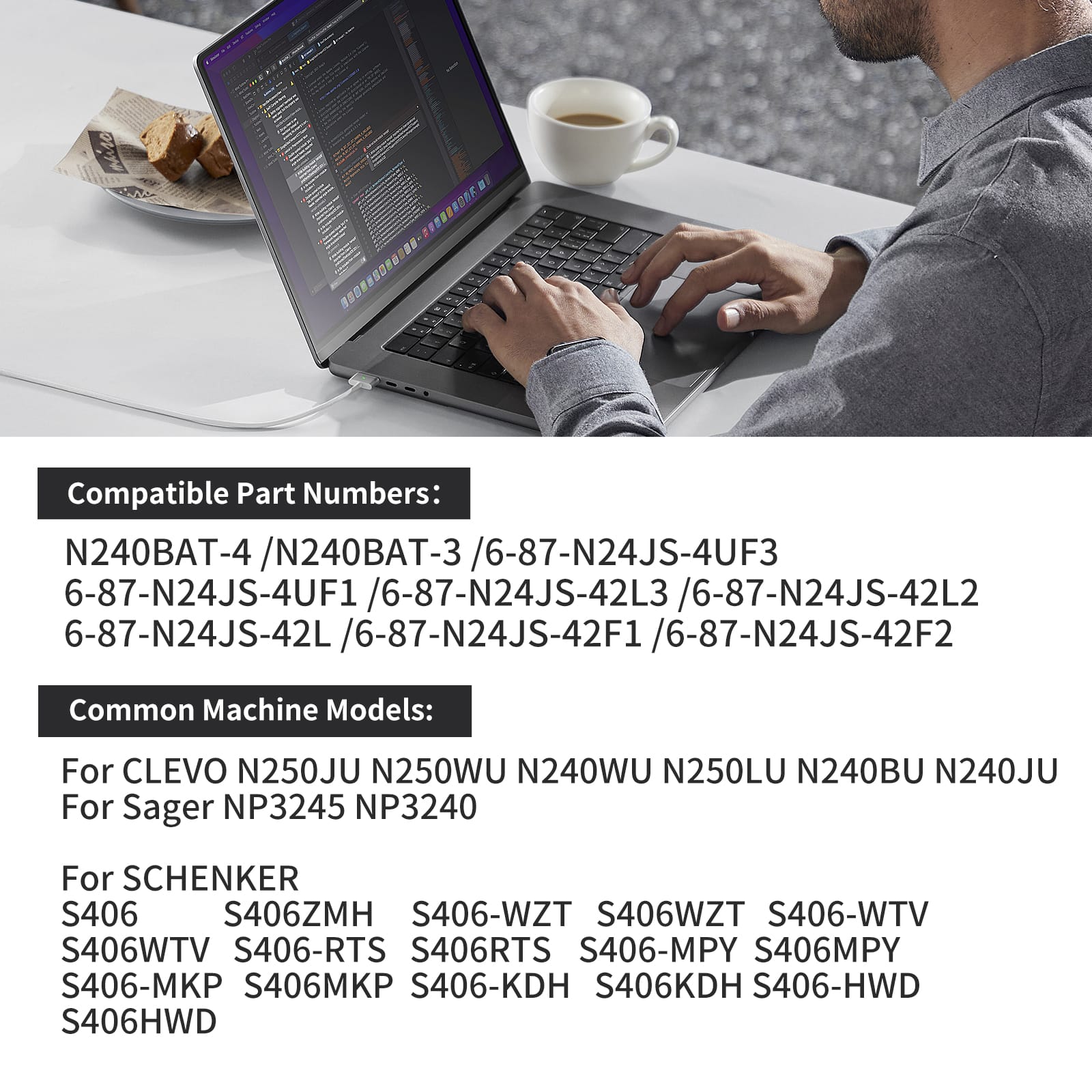 N240BAT-4 compatible part numbers for CLEVO N250JU N240WU Sager NP3245 SCHENKER S406 series, model reference chart