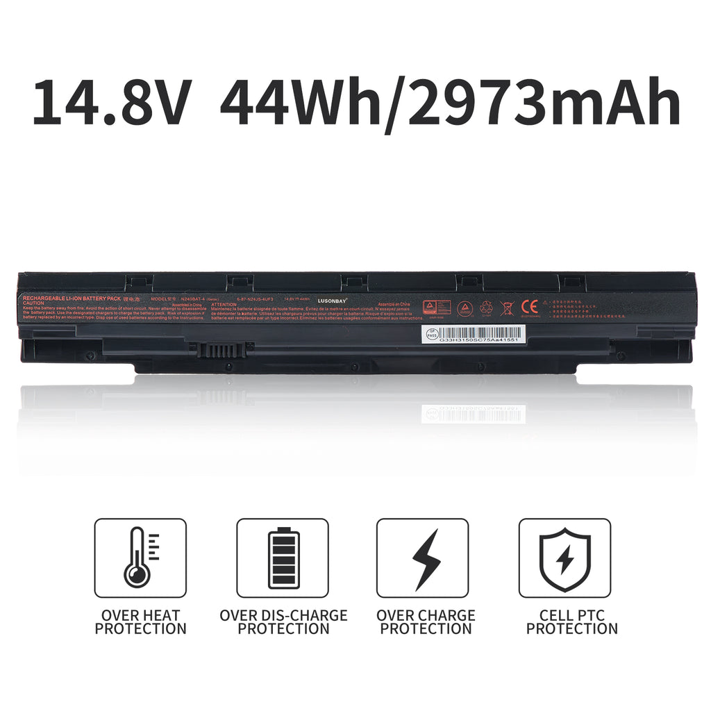 N240BAT-4 battery 14.8V 44Wh 2973mAh Li-ion for CLEVO N240 N250 series, with overheat overcharge PTC protection icons