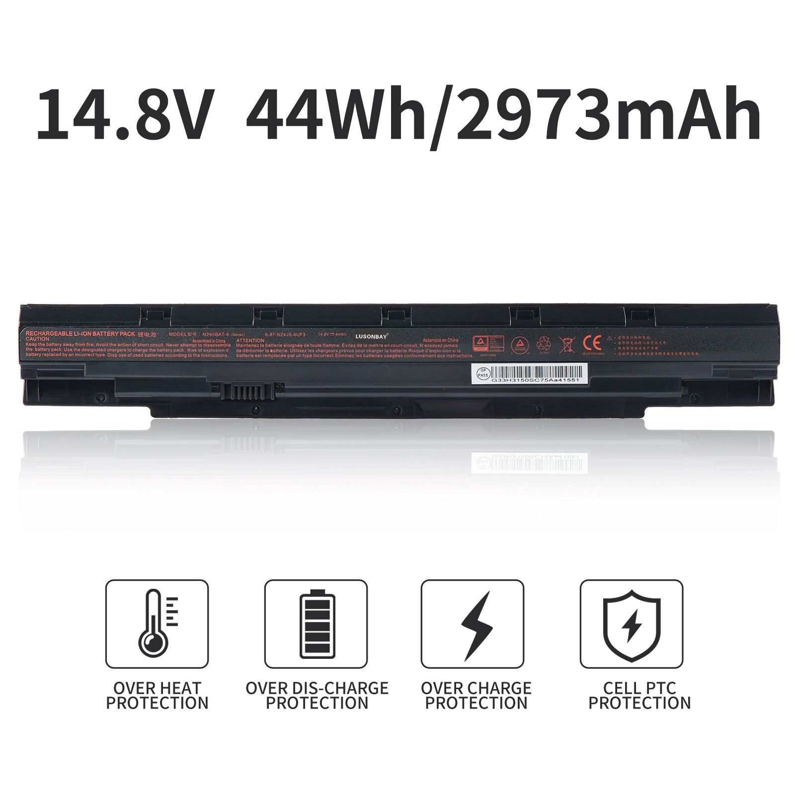 N240BAT-4 battery 14.8V 44Wh 2973mAh Li-ion for CLEVO N240 N250 series, with overheat overcharge PTC protection icons
