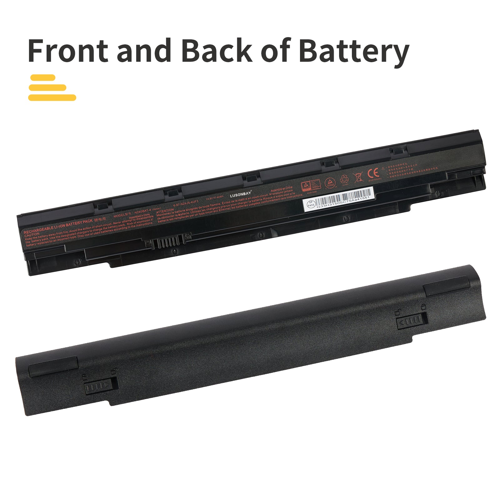 N240BAT-4 replacement battery front and back dual side view, Li-ion 14.8V for CLEVO N240 N250 and Sager NP3245