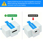 DC203 battery connector comparison chart showing two different interface types side by side to help identify the correct A or B connector for your medical device before ordering